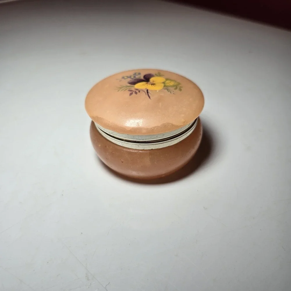 Alabaster Trinket Jewelry Box Carved Brown Marble‎ Floral Hinged Round Vintage